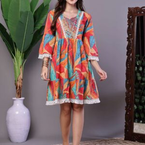 Wome's Vibrant Print Cotton Tunic Dress with Crochet Lace & Three-Quarter Sleeves Midi Dresses